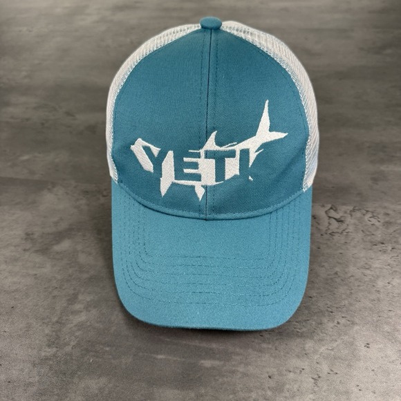 Yeti Snapback Hat Unisex Adult Teal Blue White Mesh Trucker Cap Fishing Hunting - Picture 1 of 7